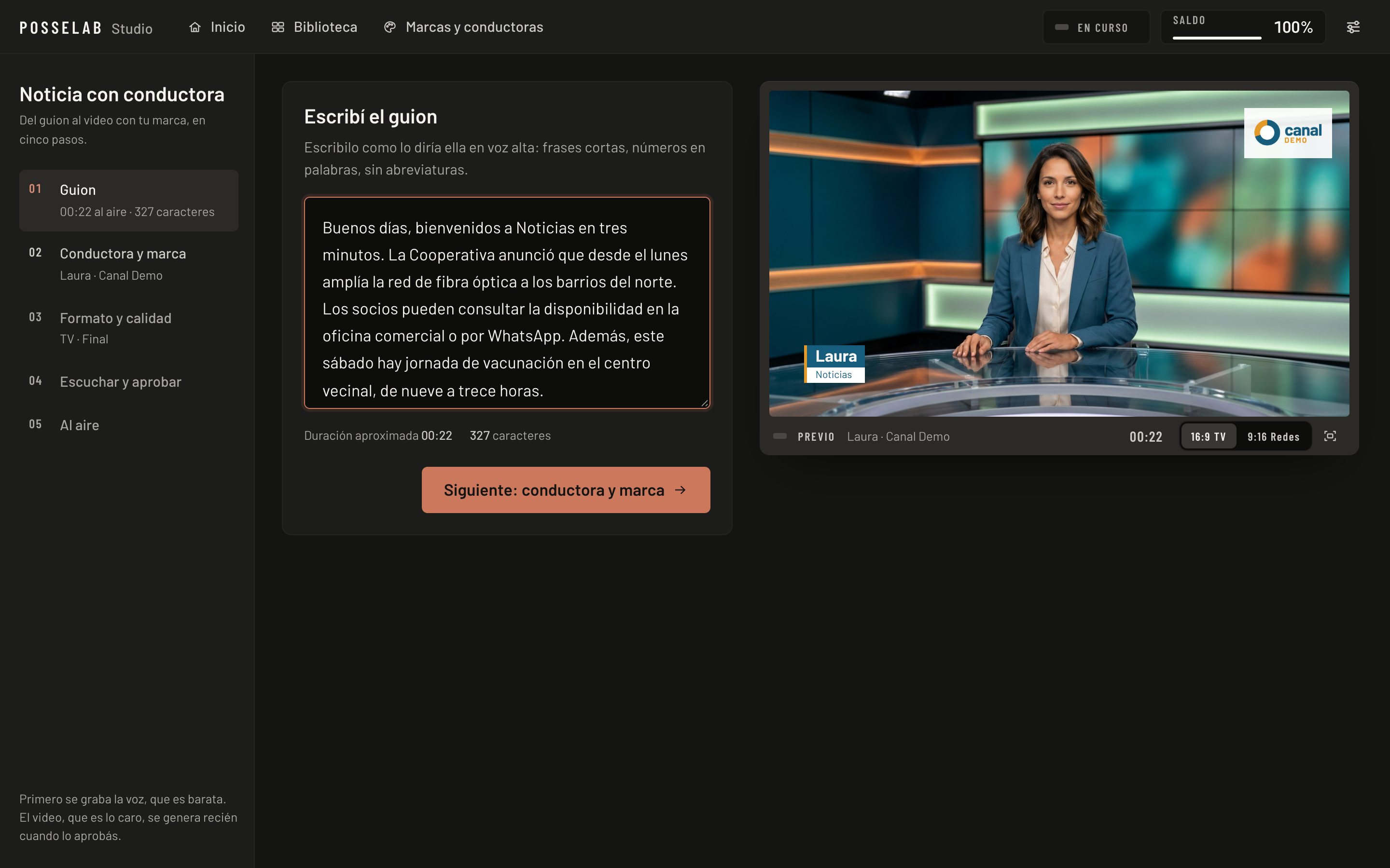 Asistente de noticia con conductora en PosseLab Studio, con un guion escrito y la vista previa de la conductora con la marca.