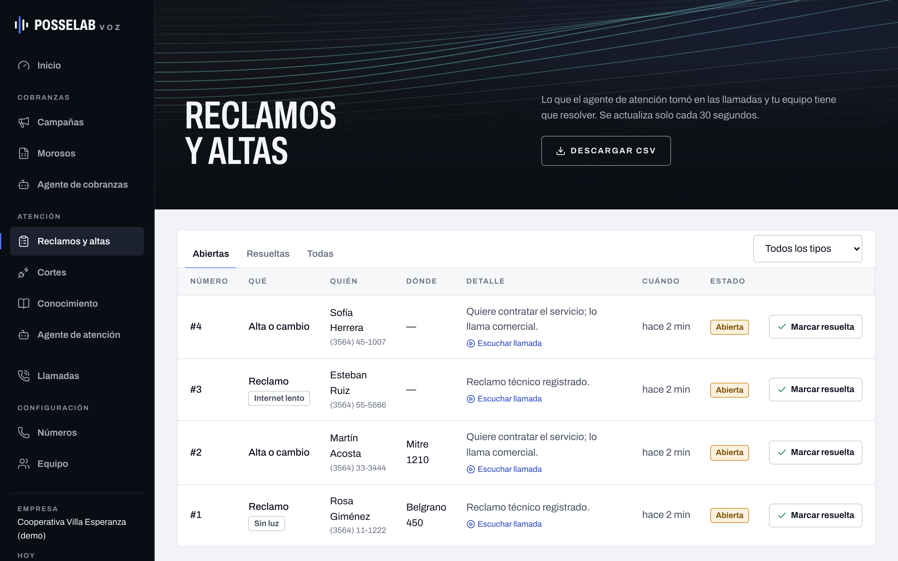 Reclamos y altas tomados por el agente de atención: reclamos técnicos y pedidos de alta con nombre, teléfono, dirección y un enlace para escuchar la llamada.